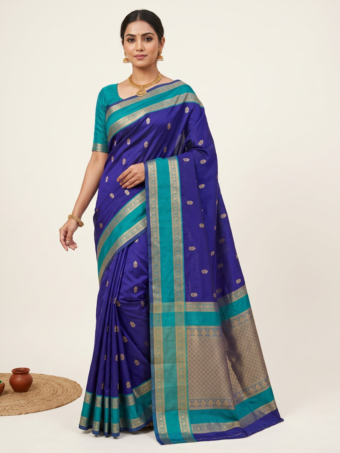 Royal Blue Zari Butti Woven Kanjivaram Silk Saree Designed for a Luxurious Heritage Style - Image 1