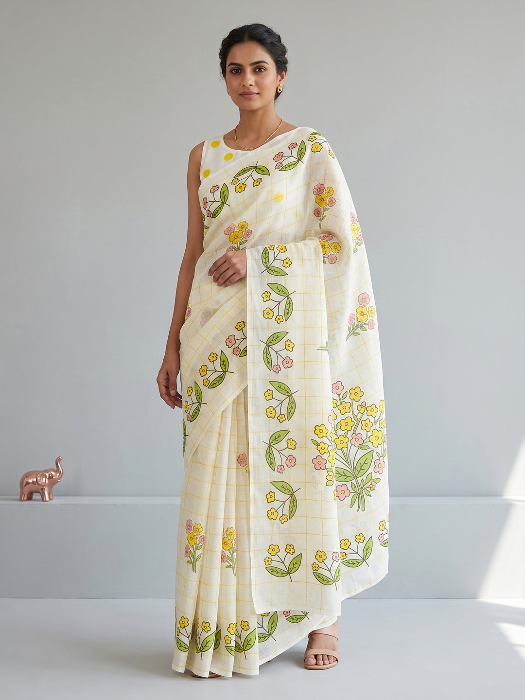 Off White Soft Linen Saree with Artistic Print Detailing - Image 1