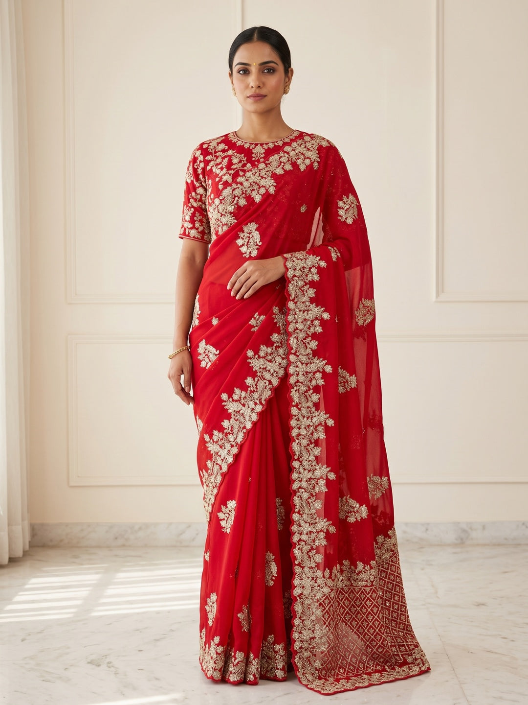 Red Silk Blend Saree Elegantly Embellished With Embroidery And Sparkling Sequins Work - Image 1