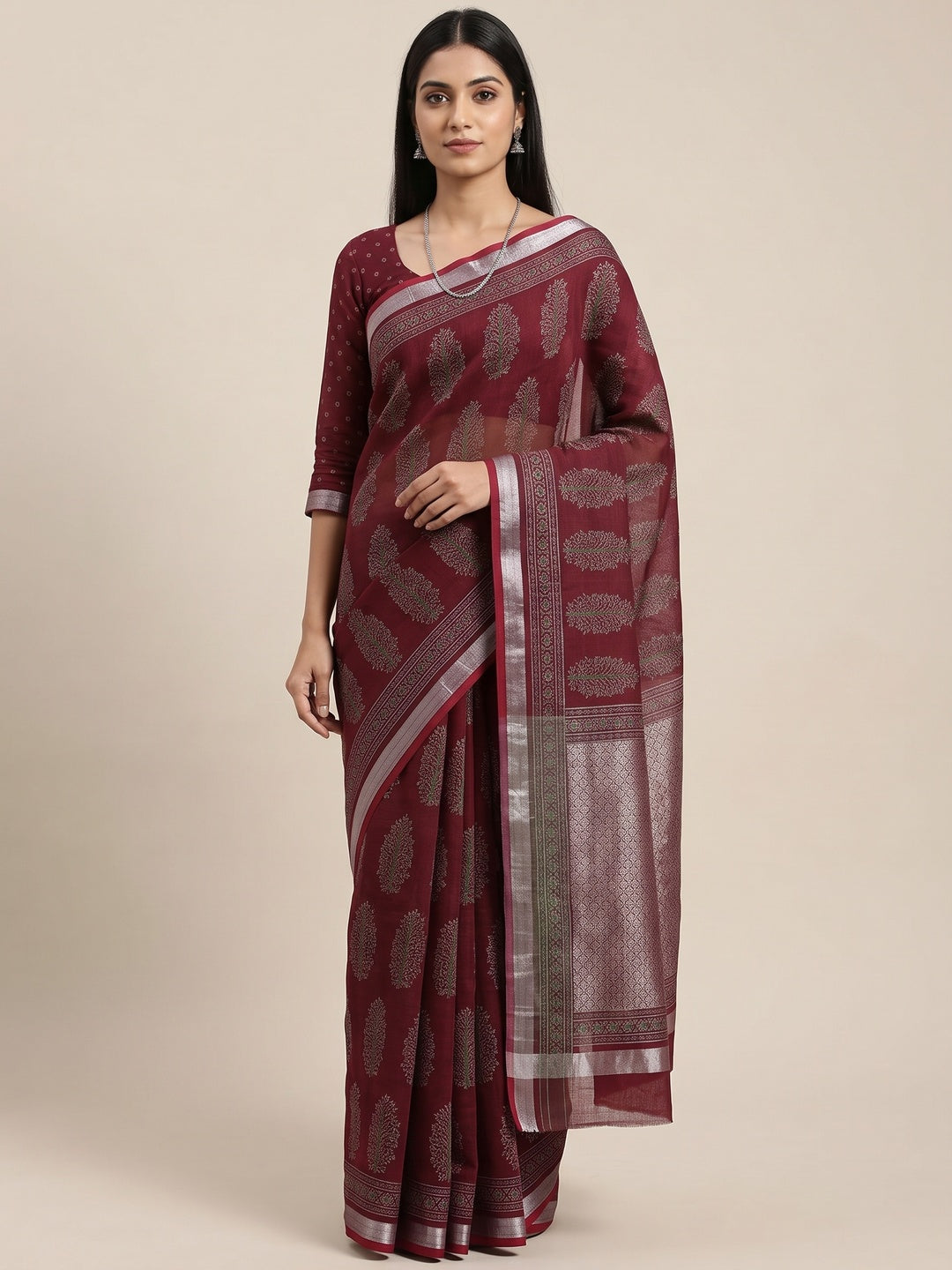 Classic Maroon Linen Cotton Saree Featuring Floral Ajrakh Print & Rich Silver Zari Border - Image 1