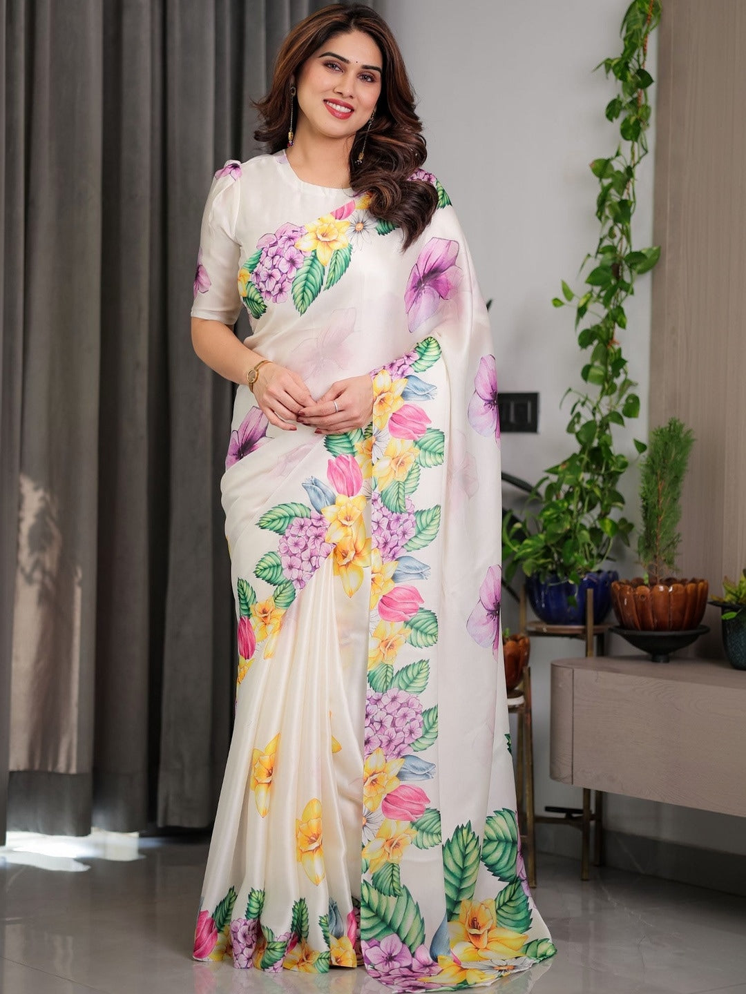 Peachmode Cream Floral Digital Print Soft Georgette Saree - Image 1