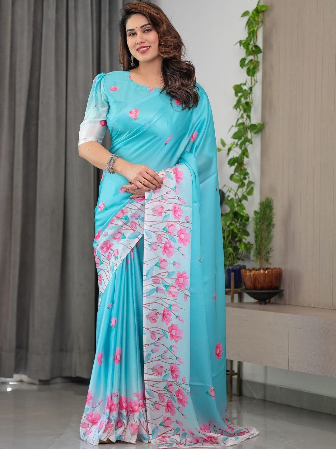 Peachmode Aqua Floral Print Soft Georgette Saree - Image 1