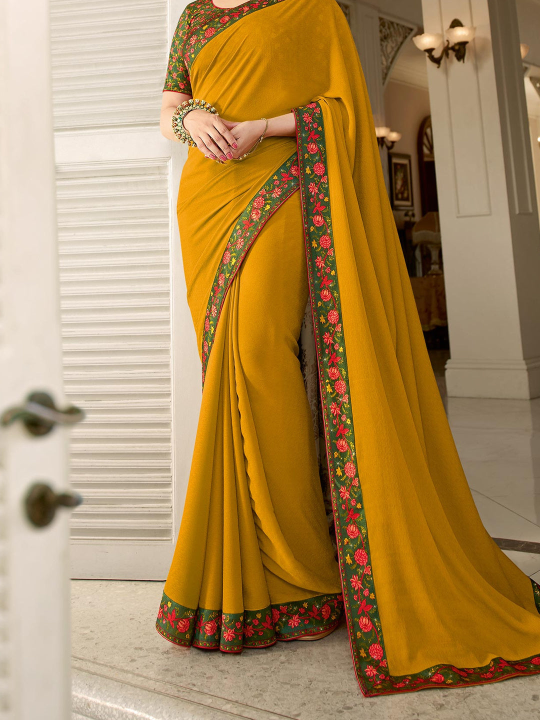 Mustard Floral Digital Printed Georgette Saree - Image 1