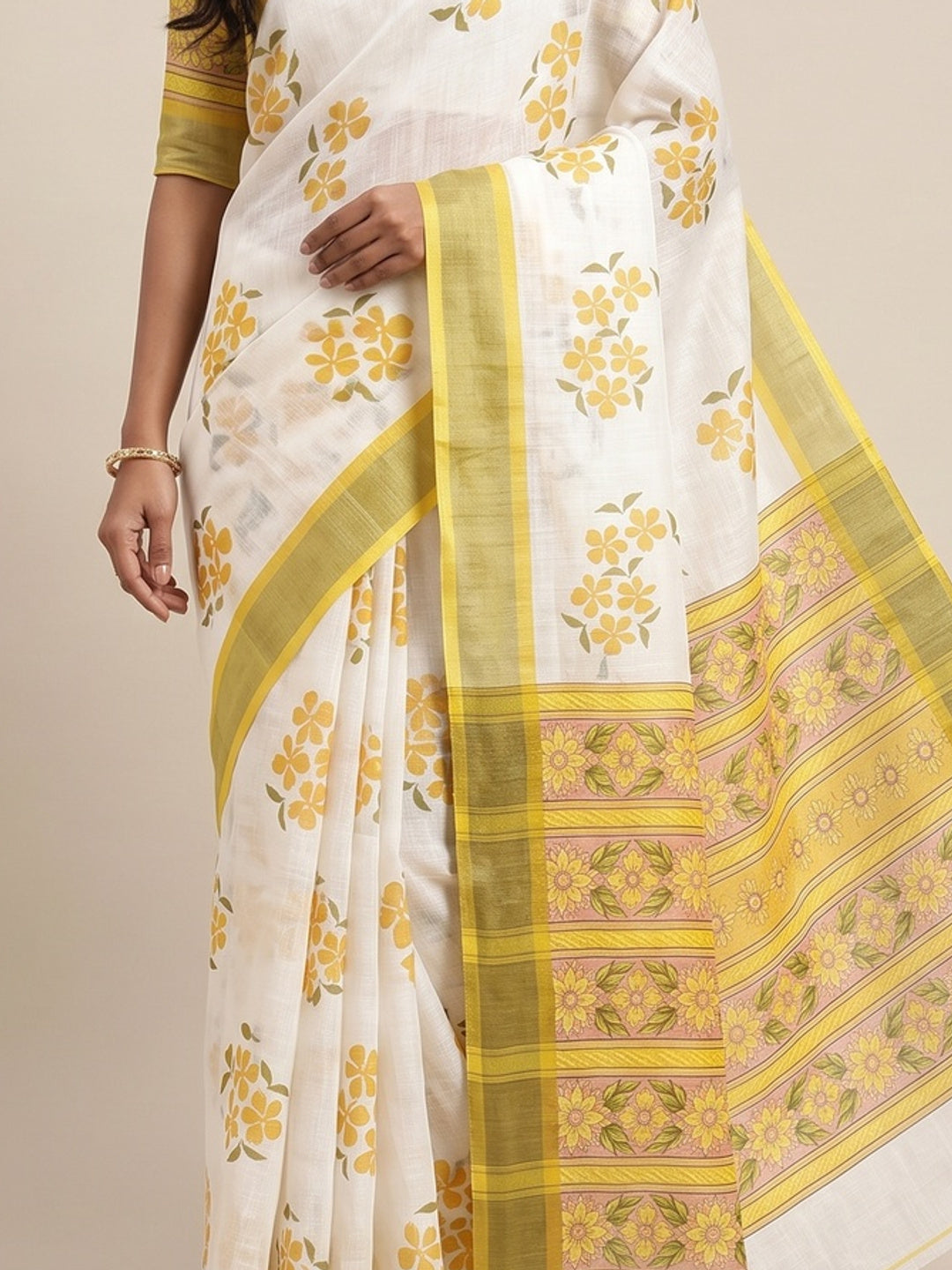White & Yellow Floral Printed Linen Saree - Image 2