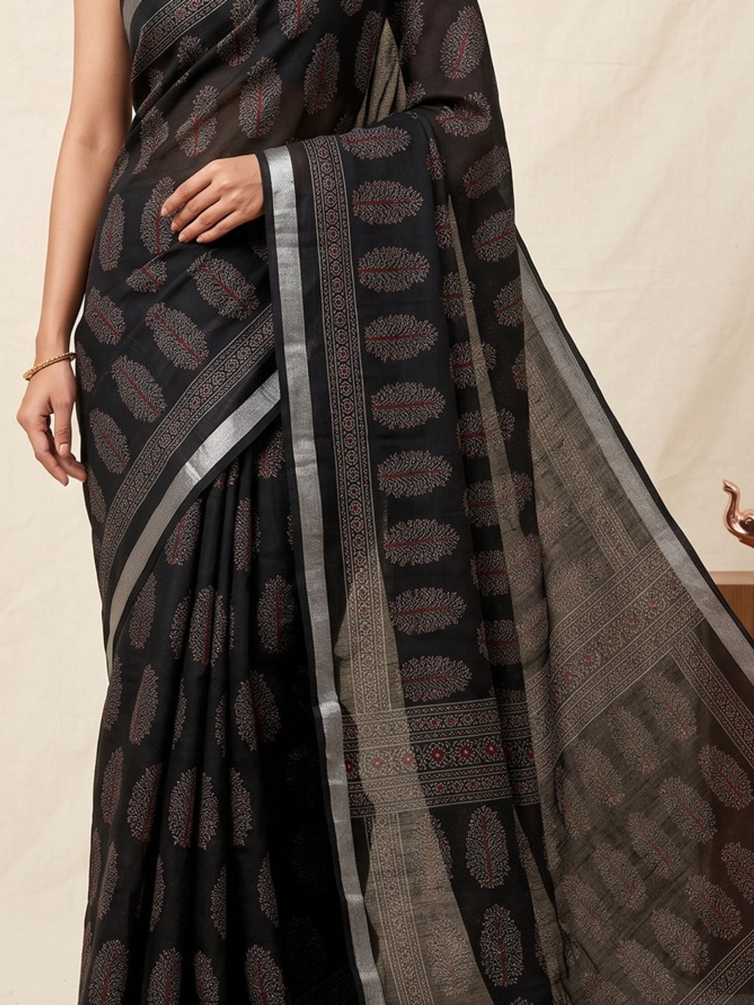 Classic Black Linen Cotton Saree Featuring Floral Ajrakh Print & Rich Silver Zari Border - Image 2