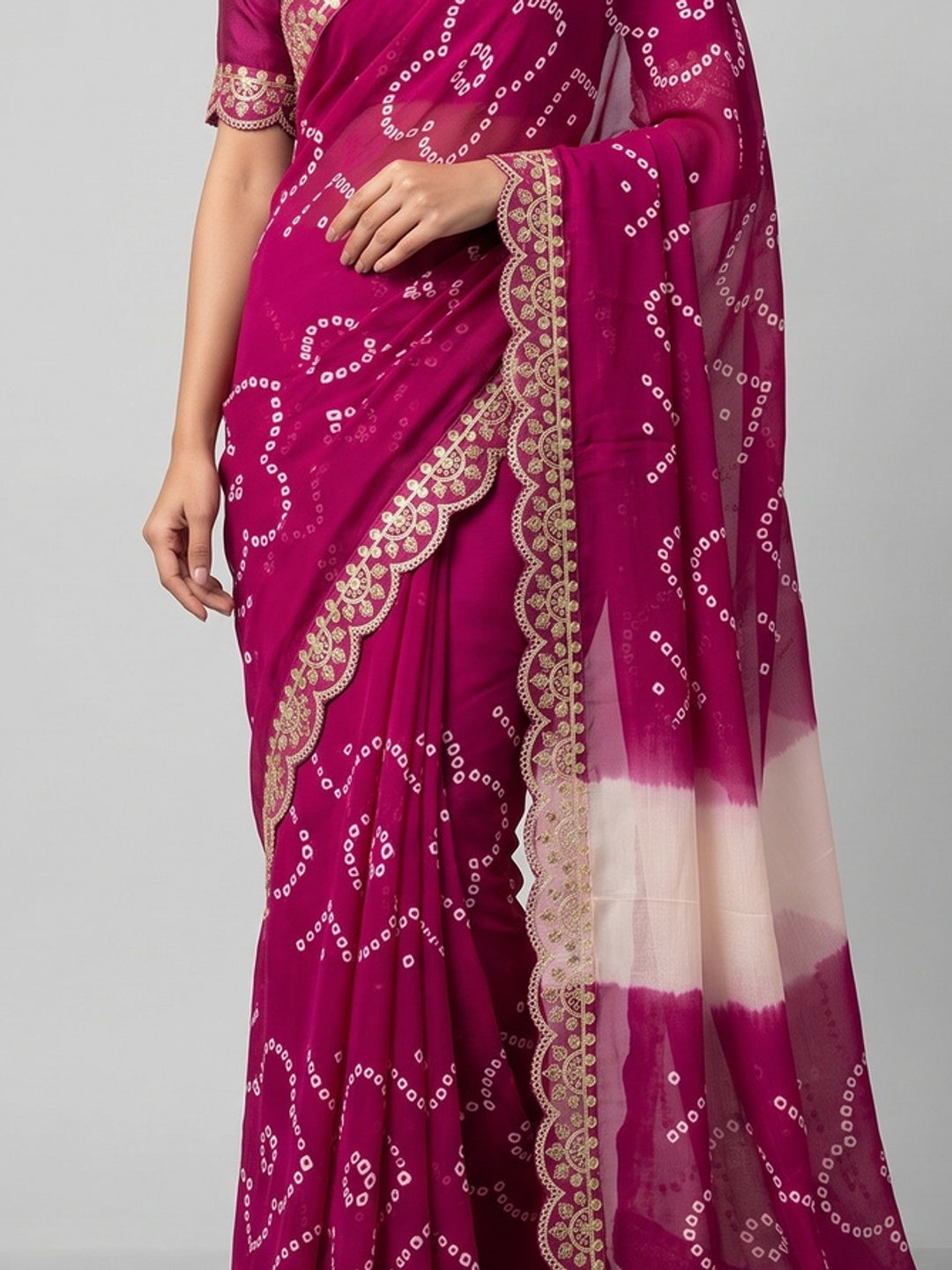 Pink & White Traditional Bandhani Printed Moss Chiffon Saree with Shimmering Sequins Work - Image 2