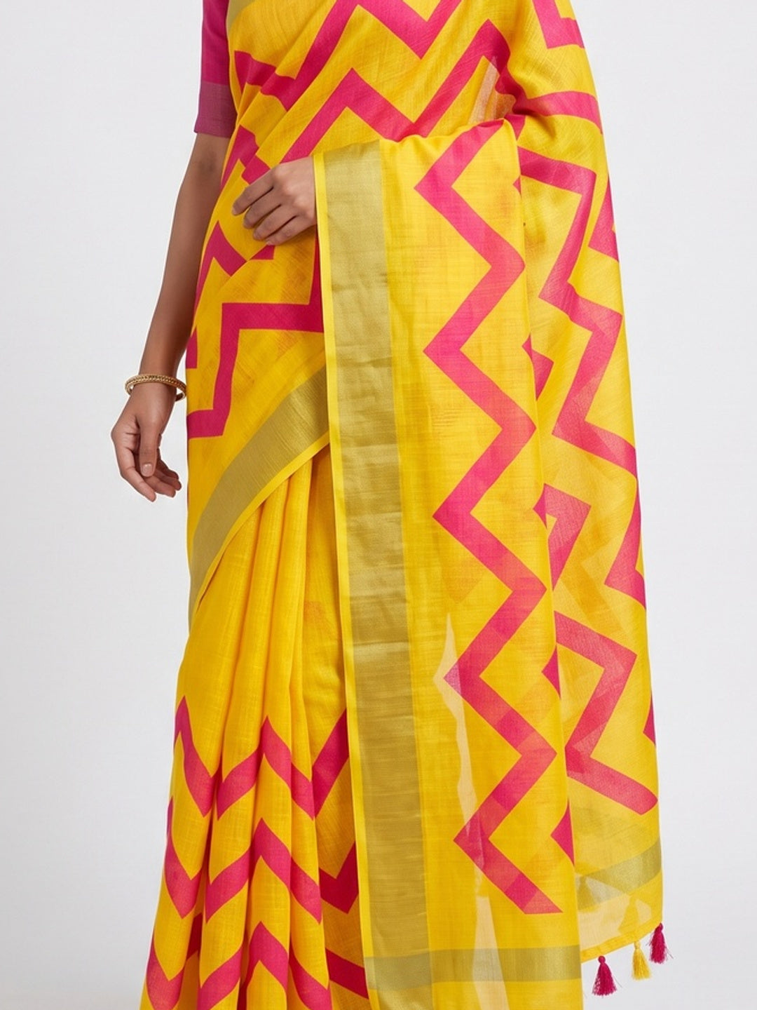 Yellow Soft Linen Saree with Artistic Print Detailing - Image 2