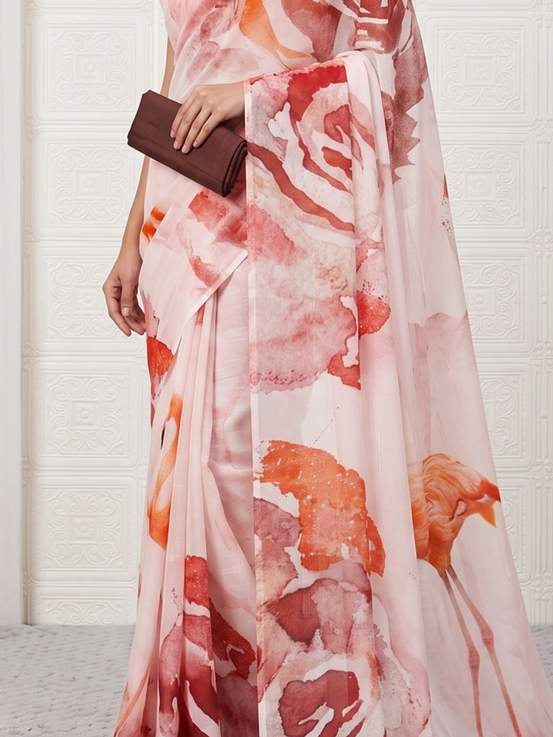 Light Pink Sparkle Star Georgette Saree Adorned With Floral & Bird Digital Prints - Image 2