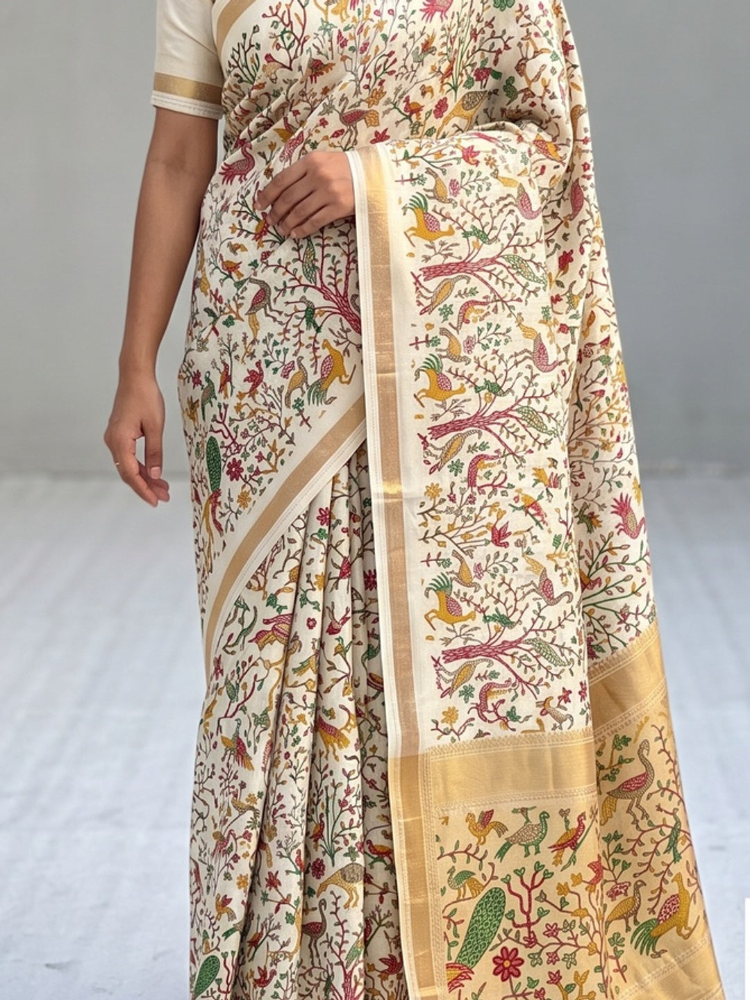 Cream Tussar Silk Blend Saree with Intricate Floral & Bird Kashmiri Print & Zari Border - Image 2