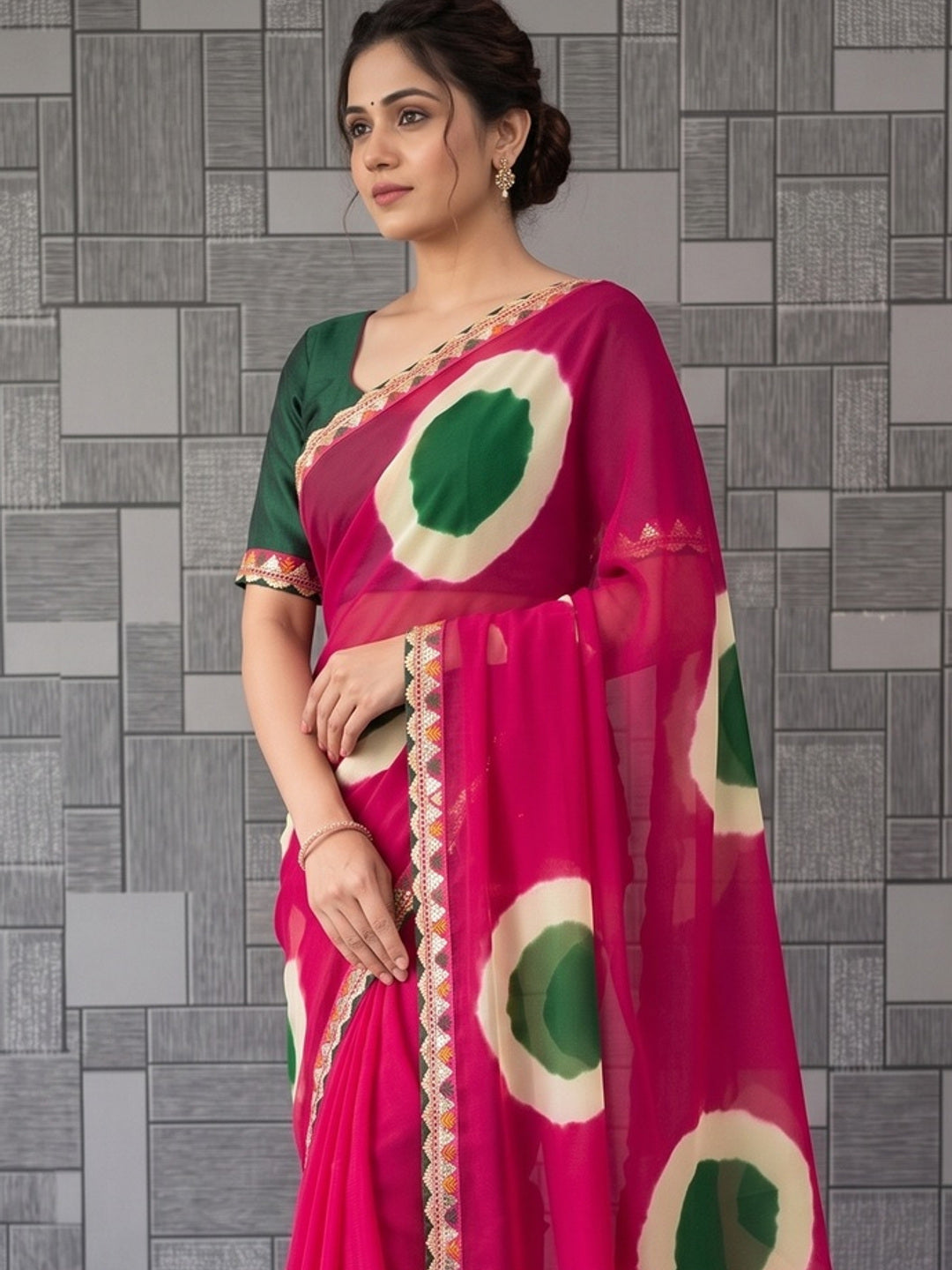 Peachmode Pink Abstract Printed Georgette Saree With Sequin Lace Border - Image 6