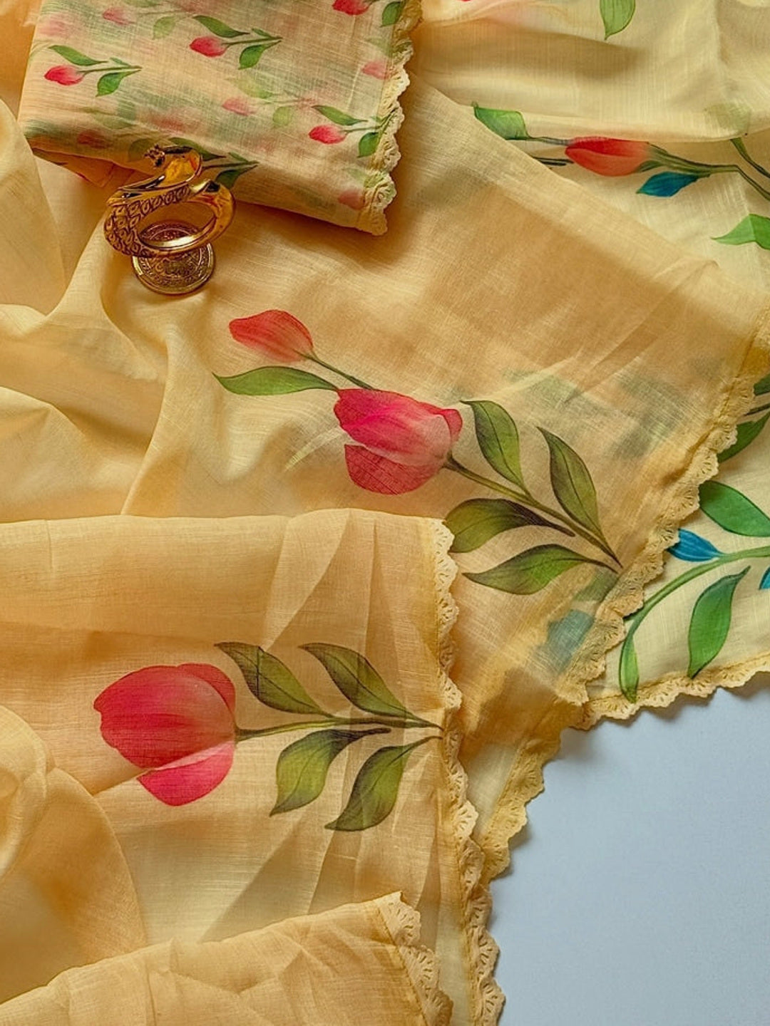 Peachmode Yellow Linen Cotton Floral Printed Saree - Image 1