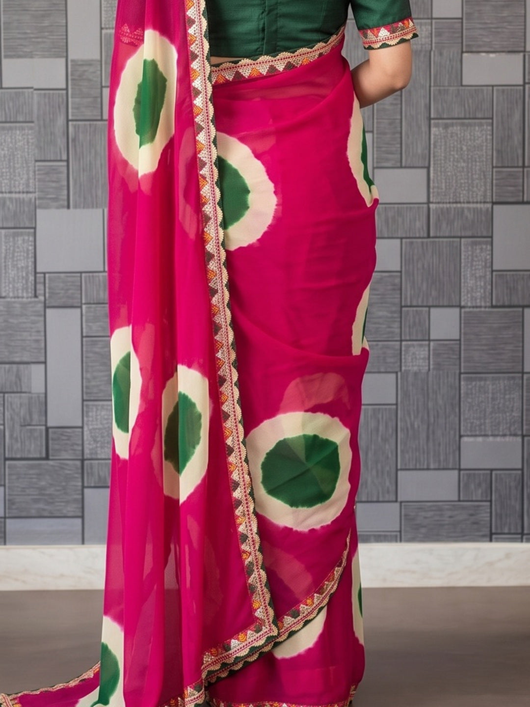 Peachmode Pink Abstract Printed Georgette Saree With Sequin Lace Border - Image 5
