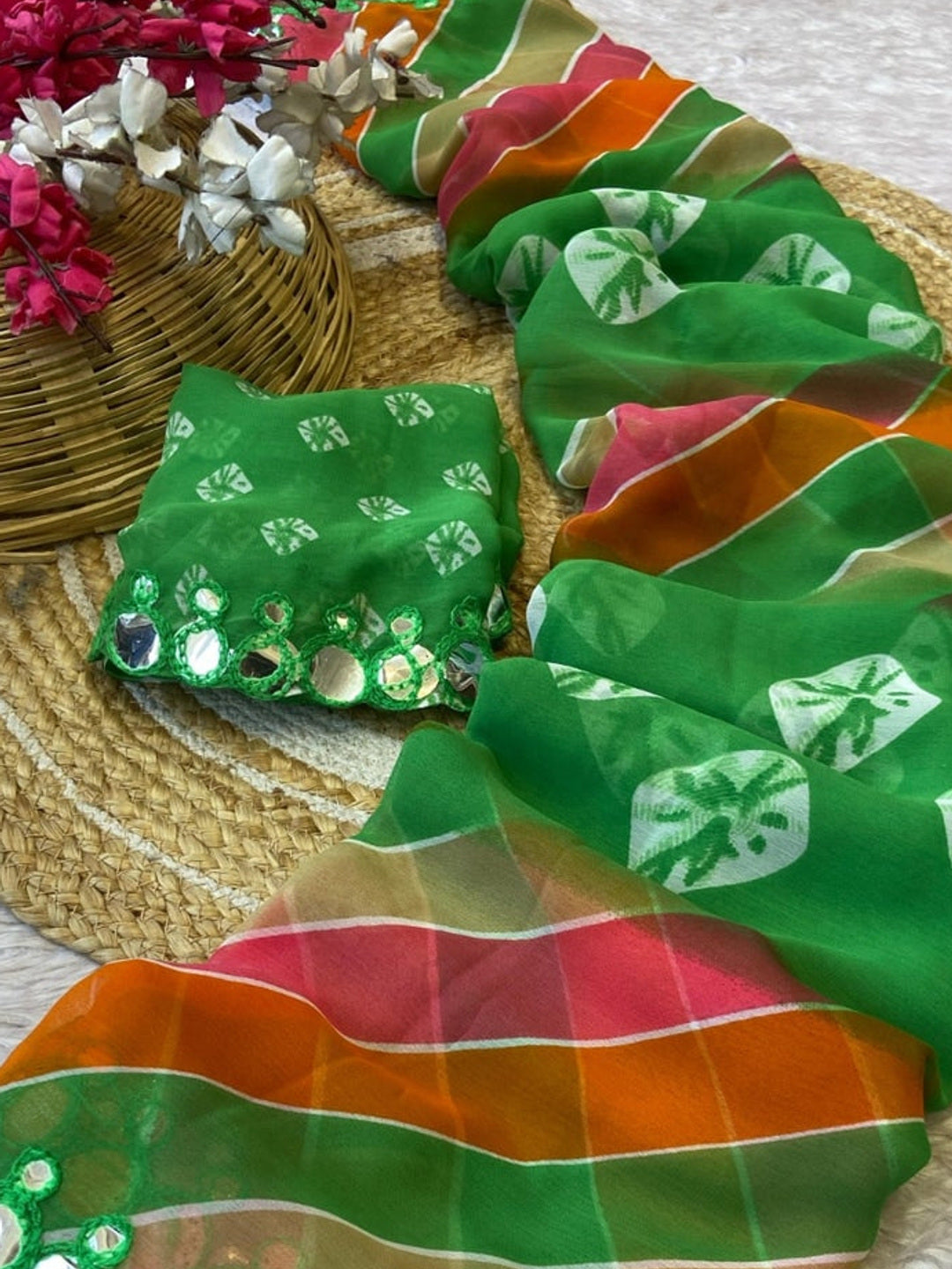 Peachmode Green Georgette Saree with Mirror Work - Image 2