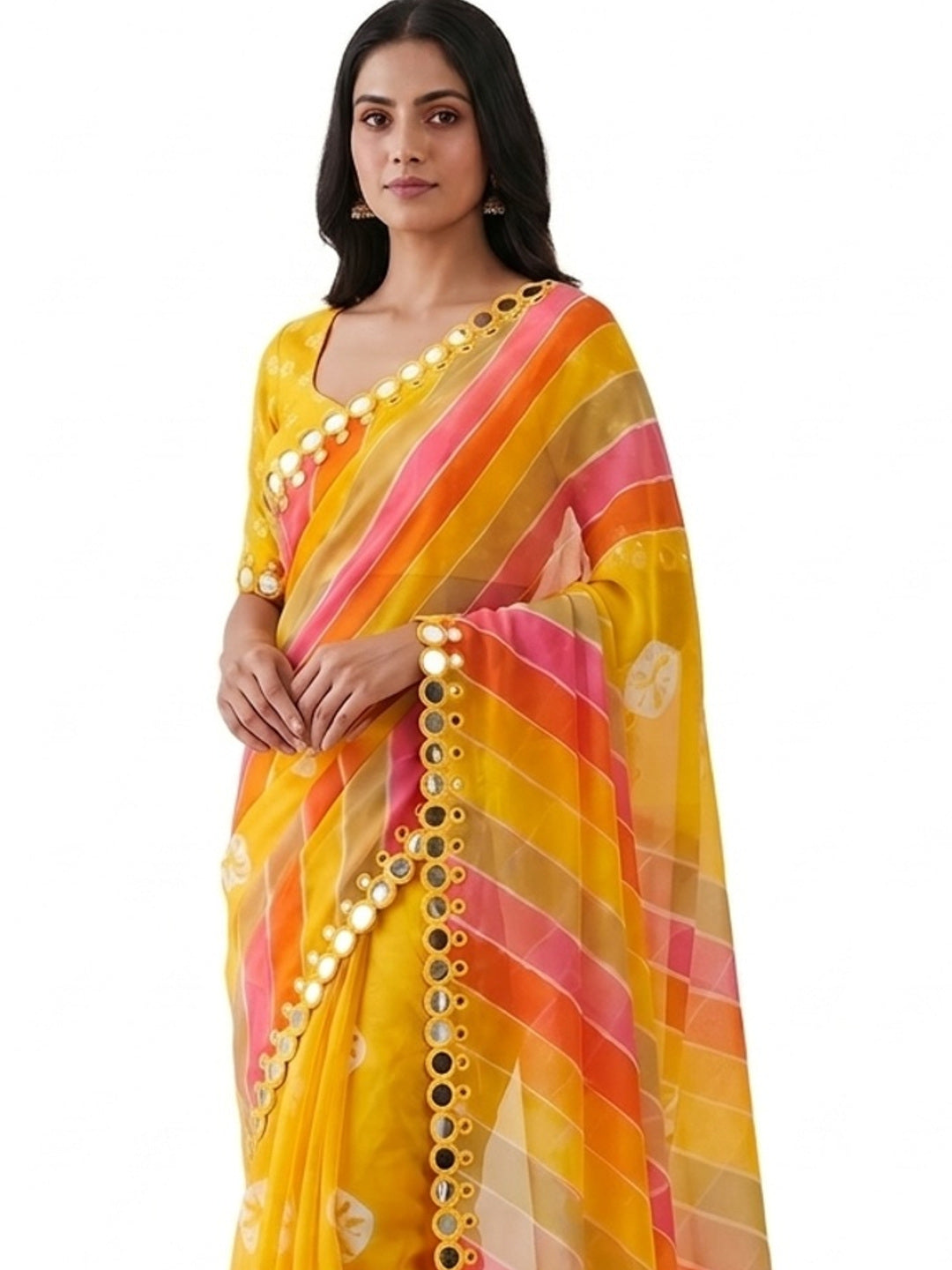 Peachmode Yellow Georgette Saree with Mirror Work - Image 1