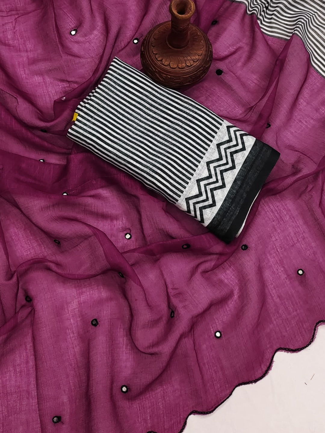 Wine Soft Linen Cotton Zigzag Mirror Work Saree - Image 1