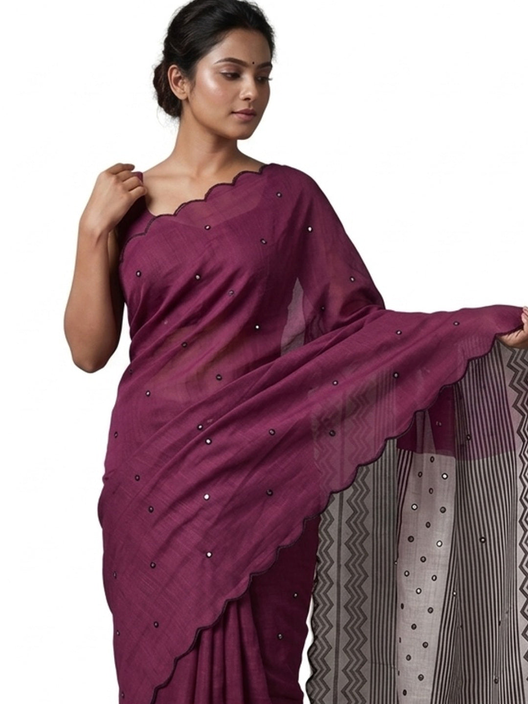 Wine Soft Linen Cotton Zigzag Mirror Work Saree - Image 2