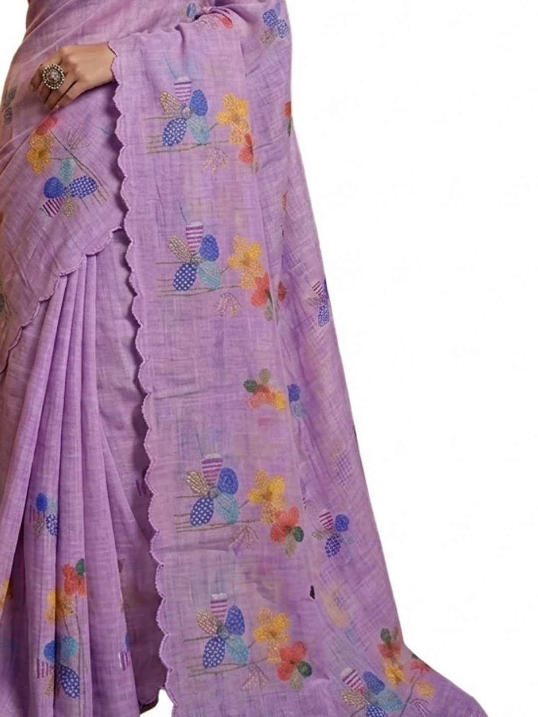 Peachmode Pink Linen Floral Print Saree with Cut Work Border - Image 1