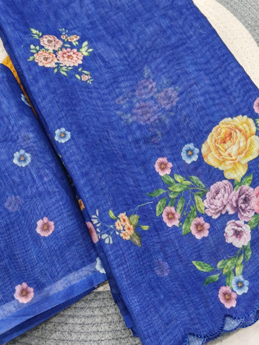 Peachmode Blue Linen Floral Print Saree with Cut Work Border - Image 1
