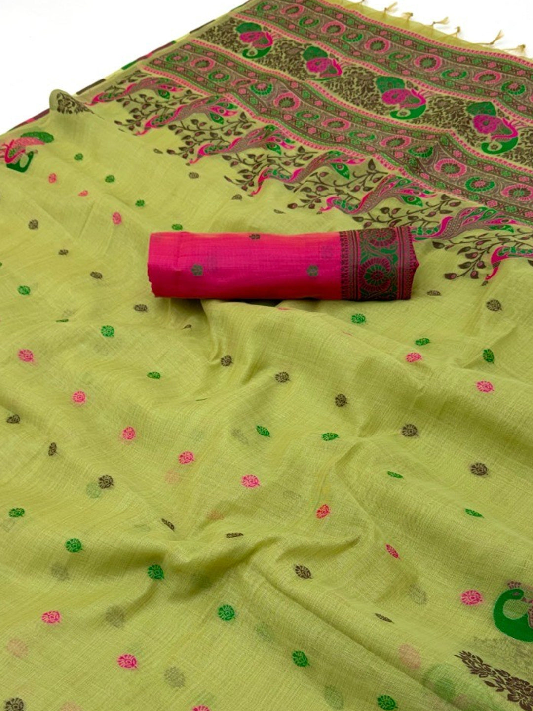 Elegant Green Cotton Blend Saree with Traditional Peacock Woven Motifs - Image 3
