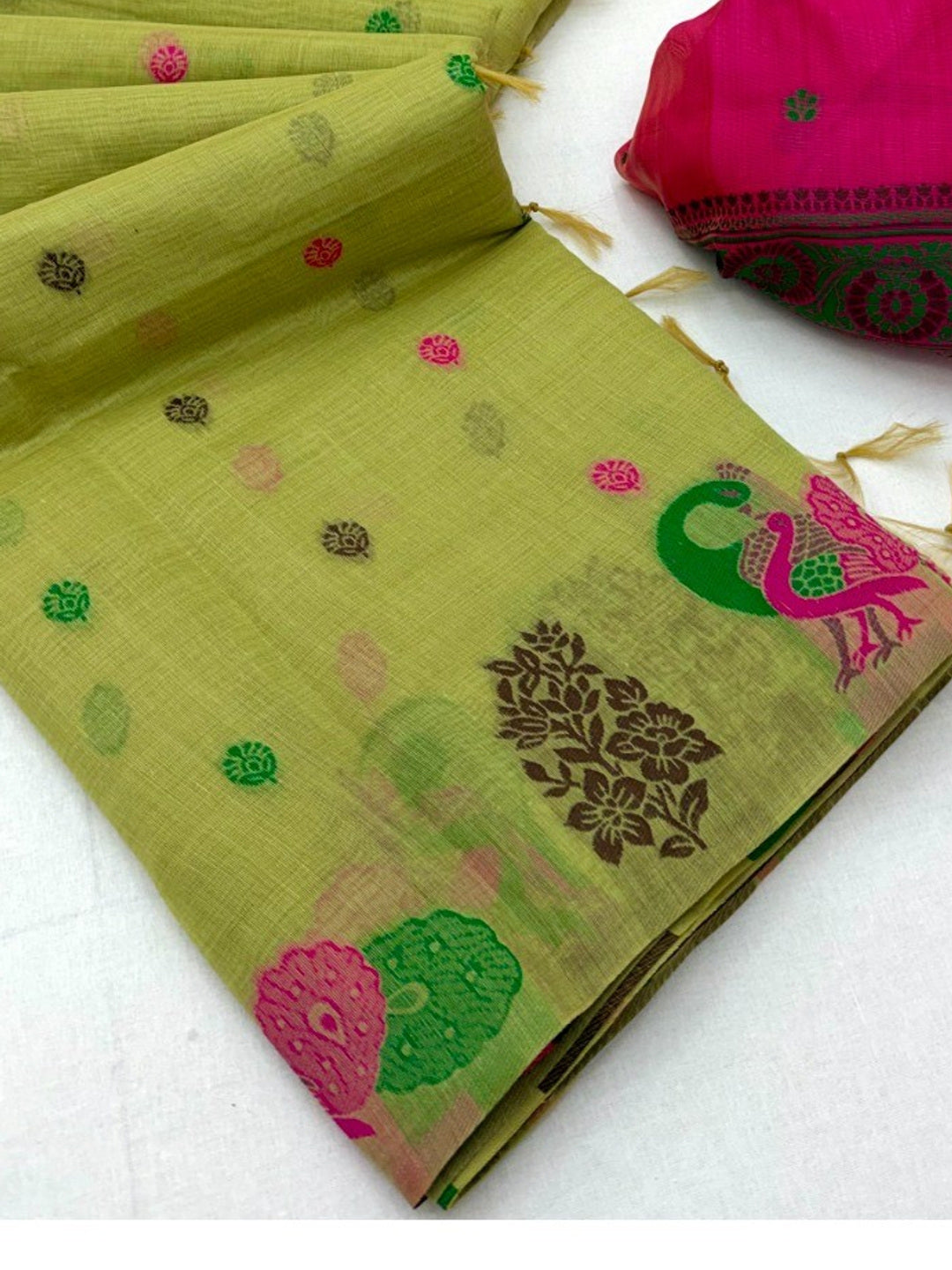 Elegant Green Cotton Blend Saree with Traditional Peacock Woven Motifs - Image 2