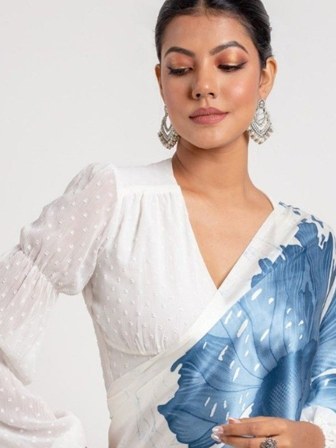 White & Blue Floral Digital Printed Satin Saree With Modern Work Design - Image 1