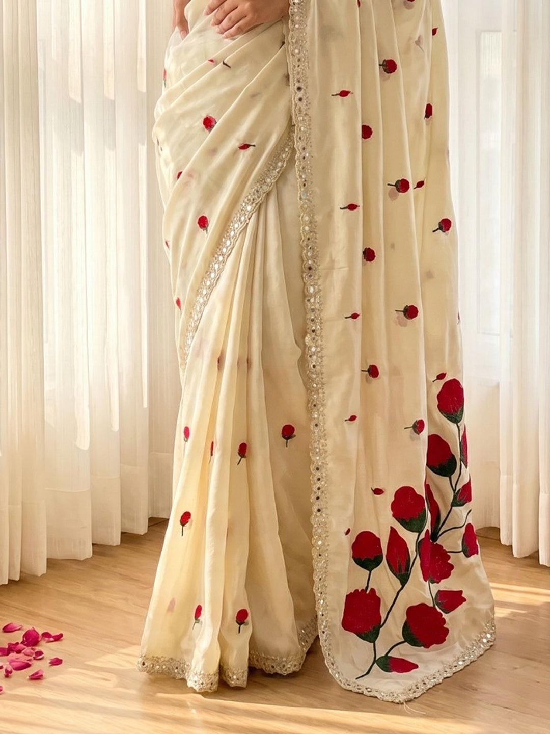 Elegant Cream & Red Floral Rangoli Saree with Mirror Work Border - Image 3