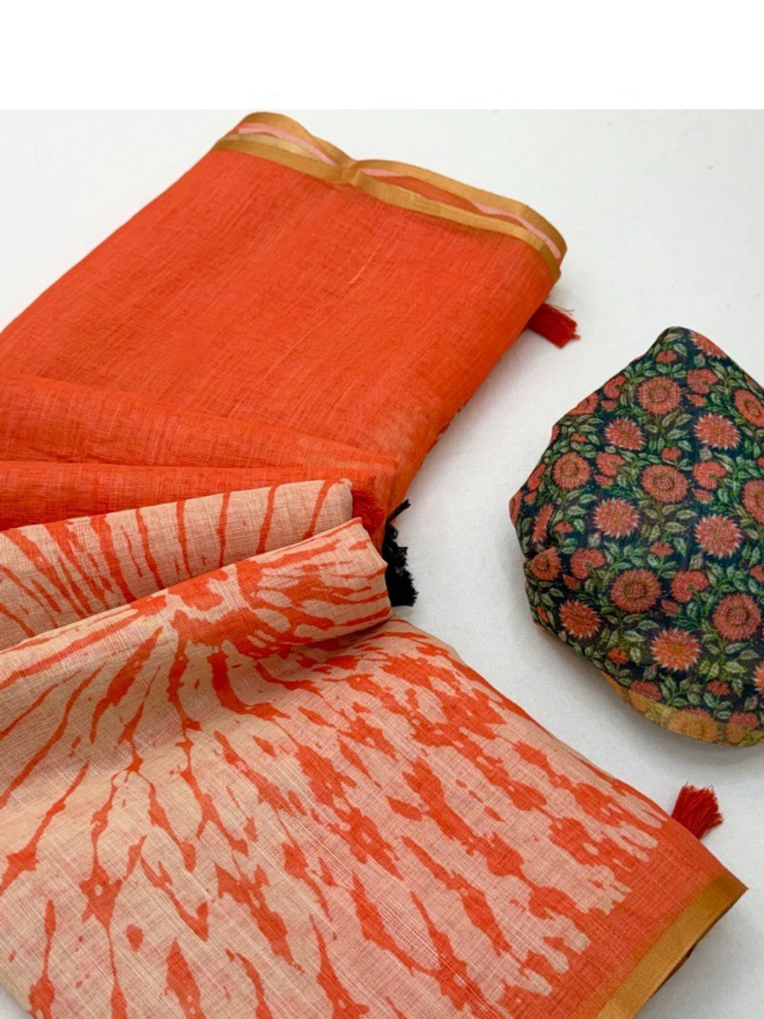 Elegant Orange Linen Saree with Abstract Print - Image 3