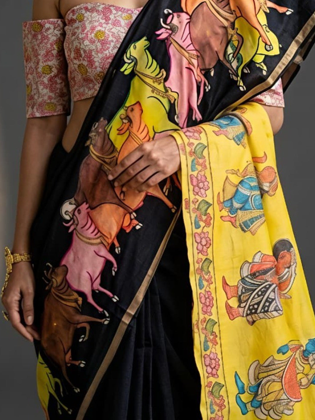 Exquisite Printed Black Linen Saree with Vibrant Border - Image 1