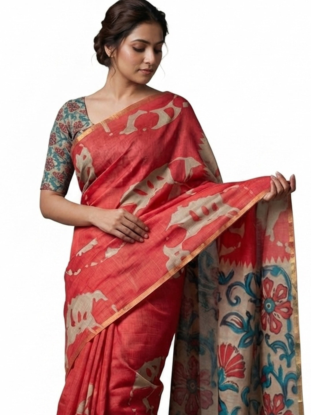 Elegant Peach Abstract Print Linen Saree with Floral Blouse - Image 2
