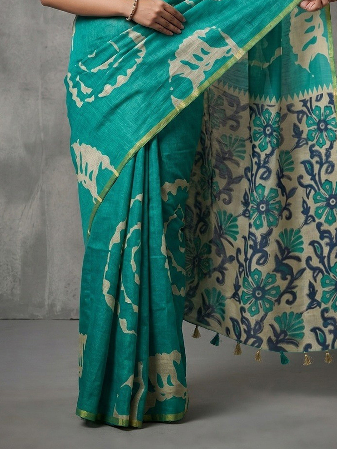 Elegant Turquoise Abstract Print Linen Saree with Floral Blouse - Image 1