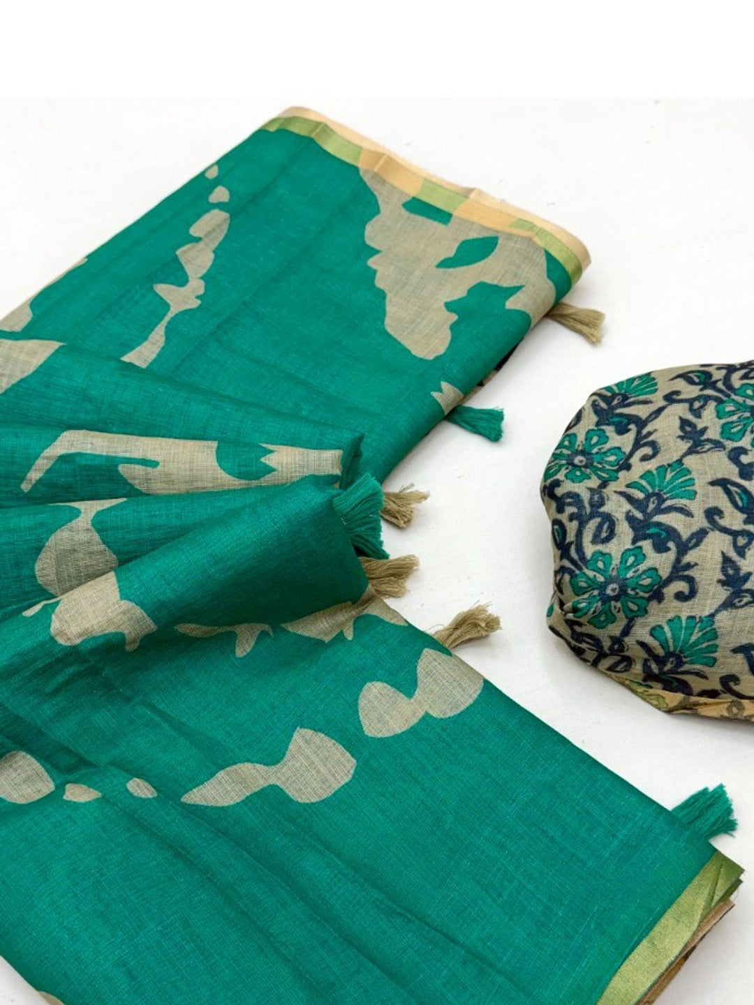 Elegant Turquoise Abstract Print Linen Saree with Floral Blouse - Image 3