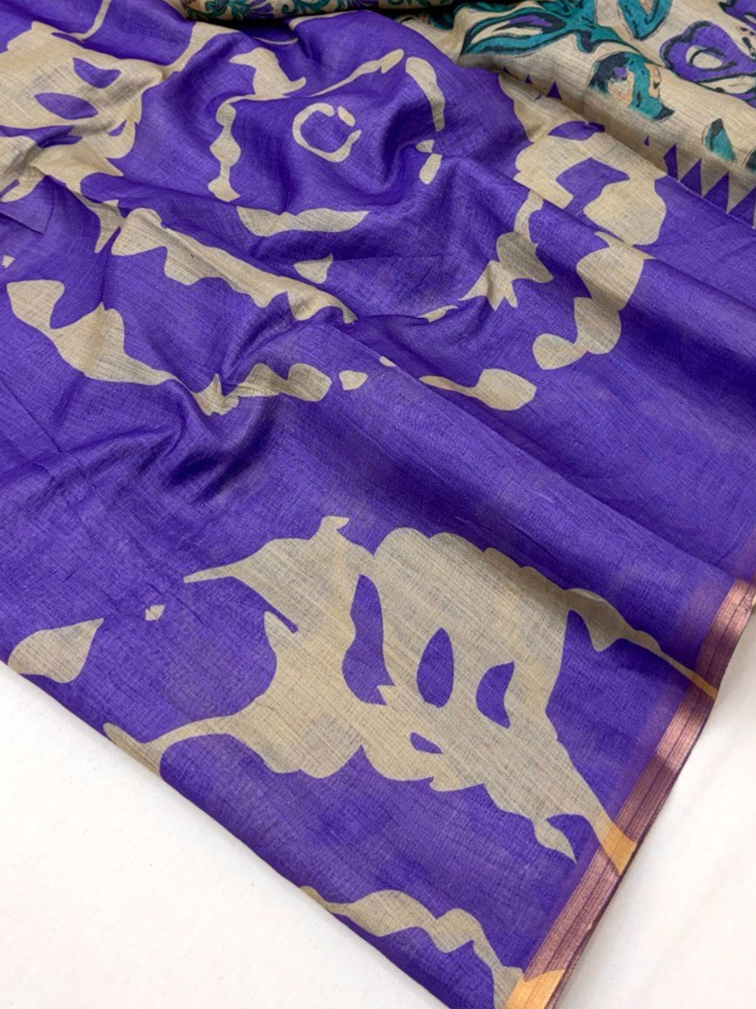 Elegant Violet Abstract Print Linen Saree with Floral Blouse - Image 1