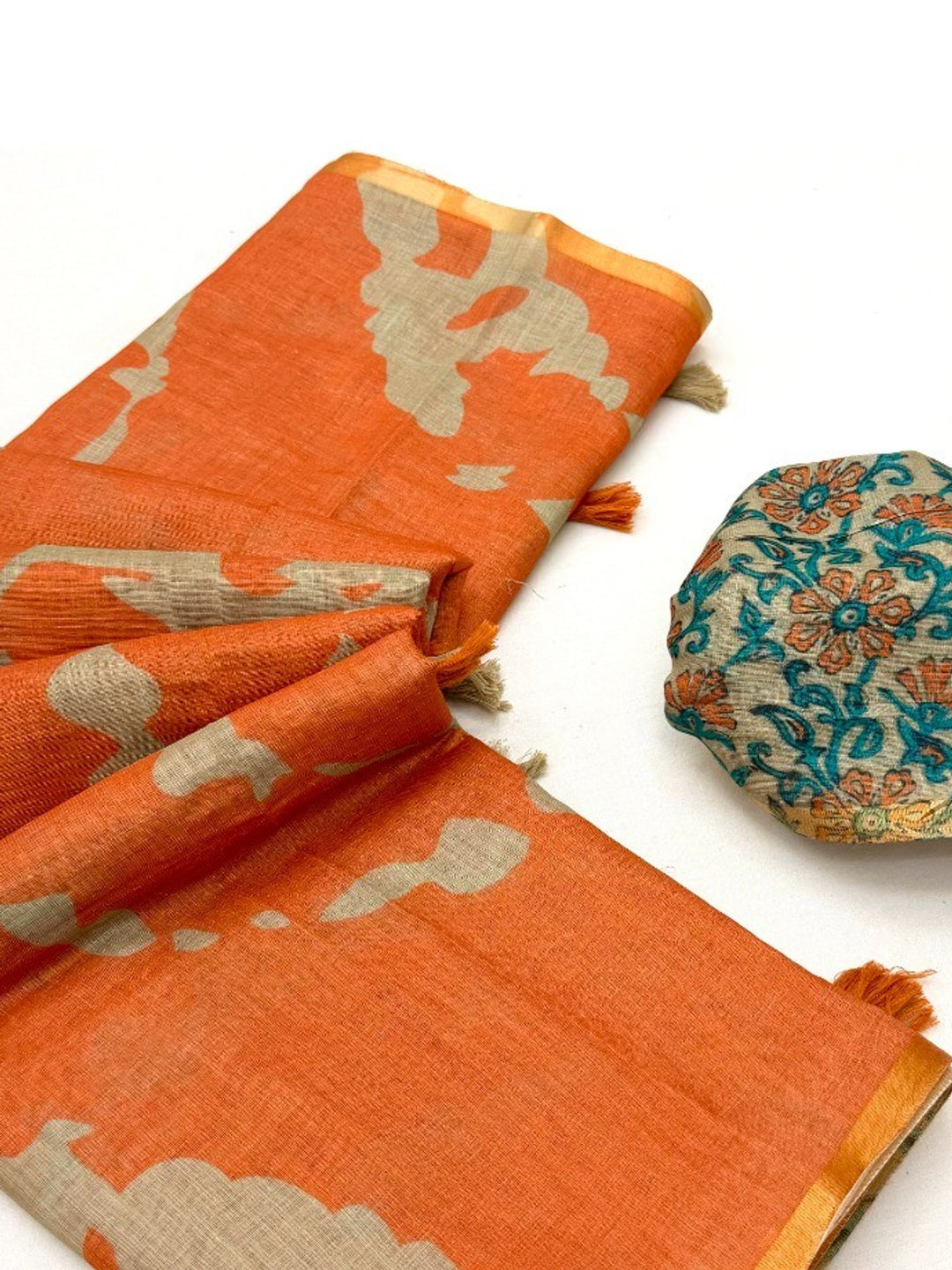 Elegant Orange Abstract Print Linen Saree with Floral Blouse - Image 1