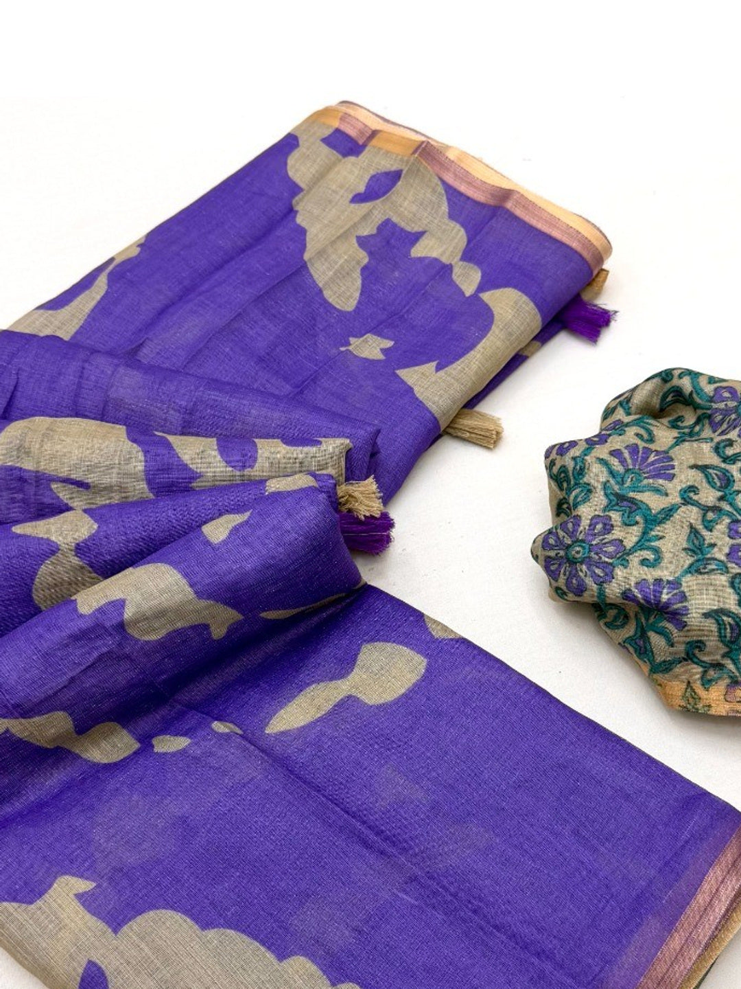 Elegant Violet Abstract Print Linen Saree with Floral Blouse - Image 3