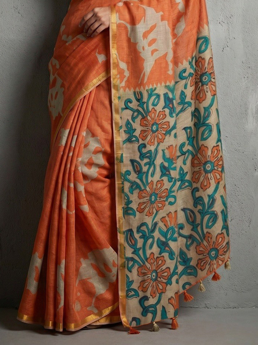 Elegant Orange Abstract Print Linen Saree with Floral Blouse - Image 2