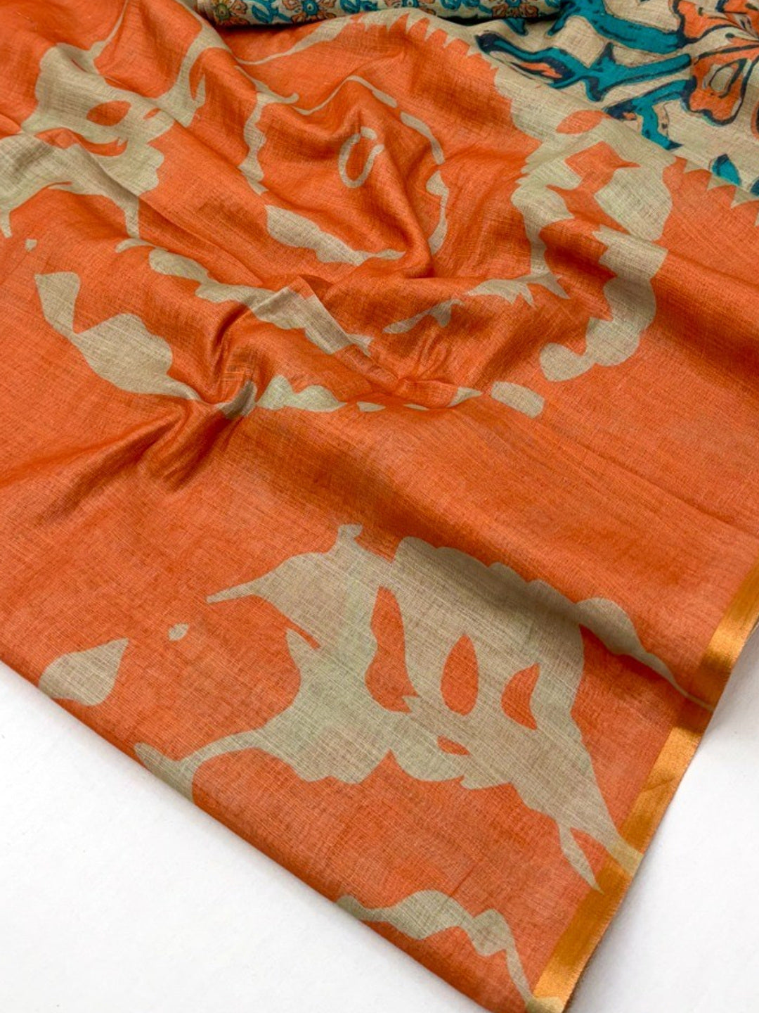 Elegant Orange Abstract Print Linen Saree with Floral Blouse - Image 3