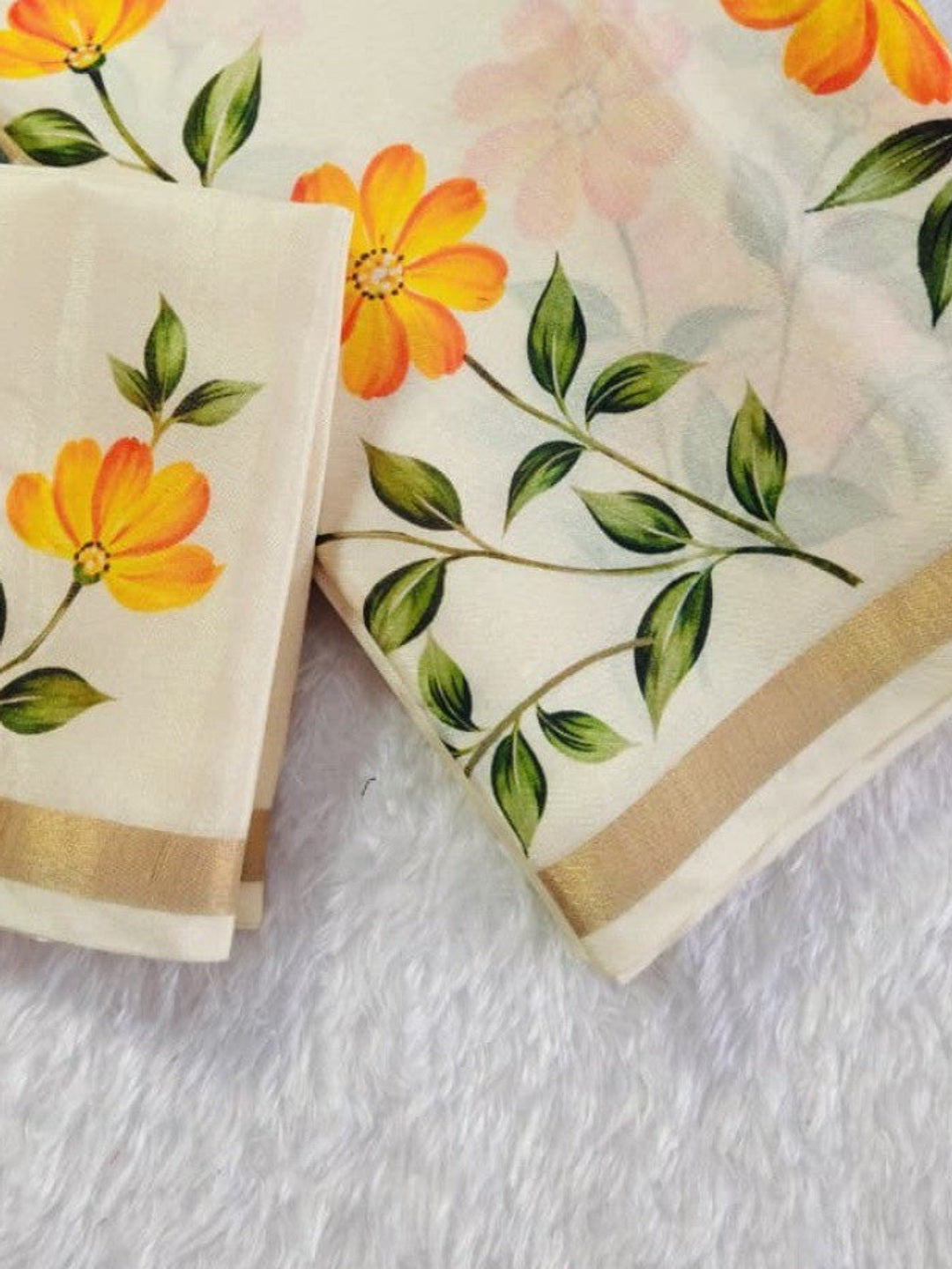 Elegant Cream Mulmul Cotton Floral Printed Saree - Image 1