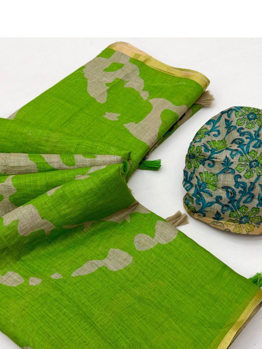 Elegant Green Abstract Print Linen Saree with Floral Blouse - Image 1