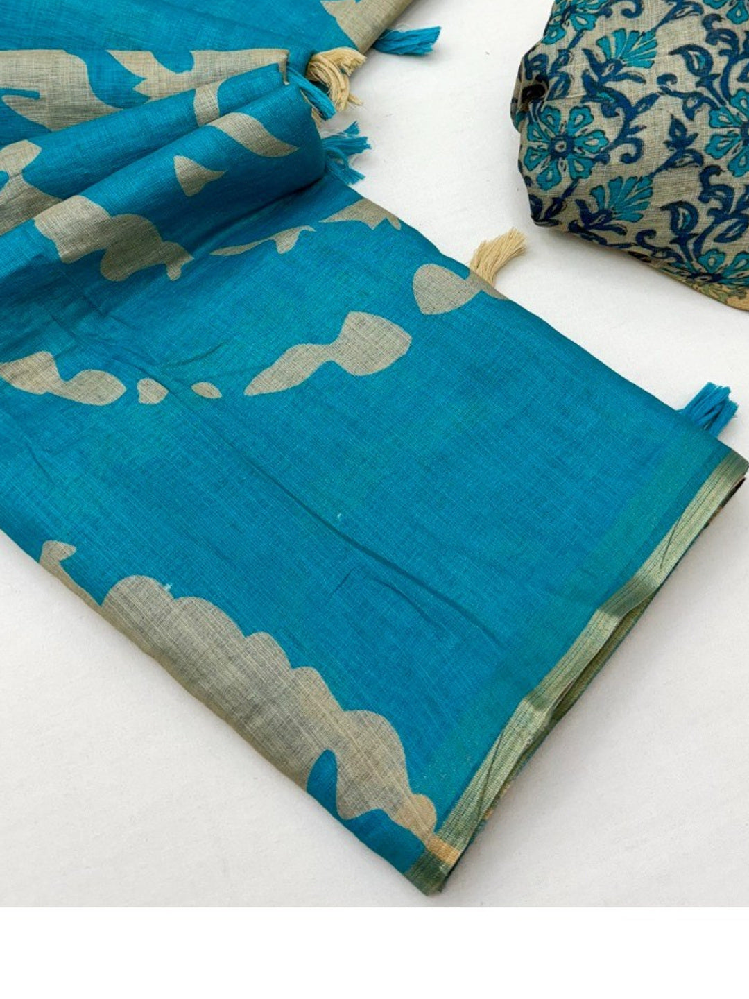 Elegant Sky Blue Abstract Print Linen Saree with Floral Blouse - Image 1