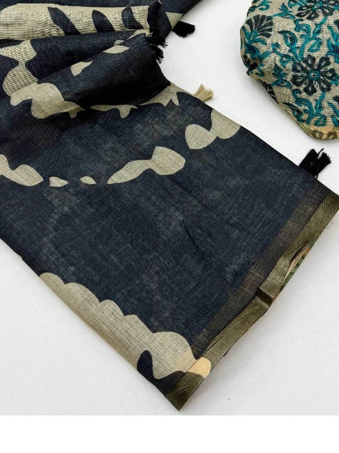 Elegant Black Abstract Print Linen Saree with Floral Blouse - Image 1