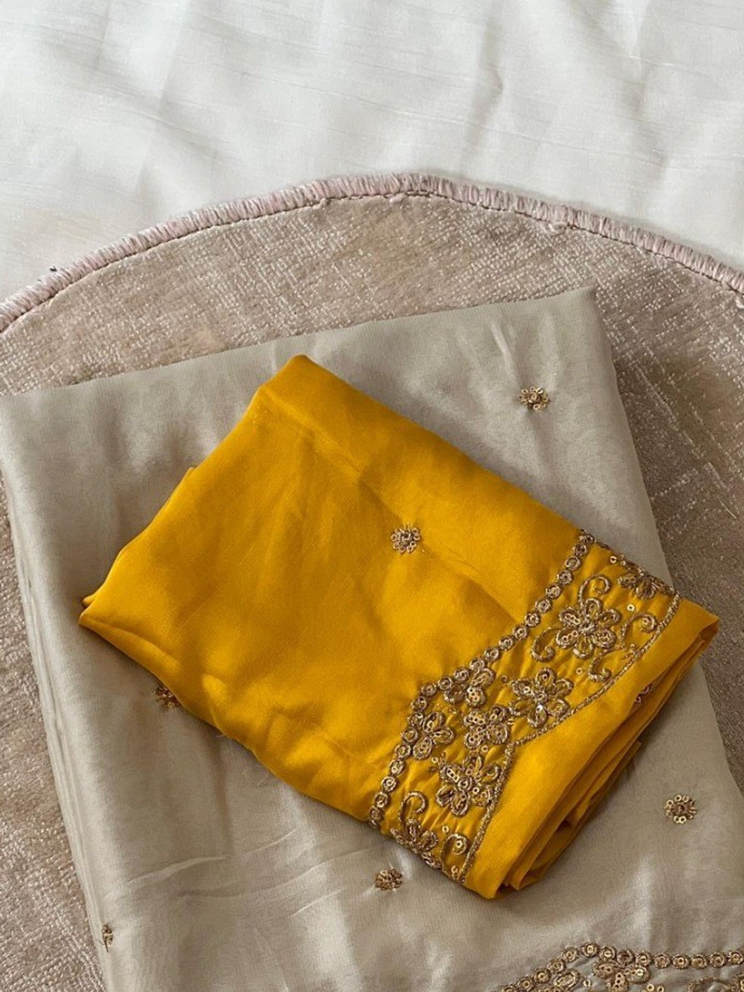 Elegant Cream Chiffon Saree with Sequins Work and Embroidered Border - Image 1