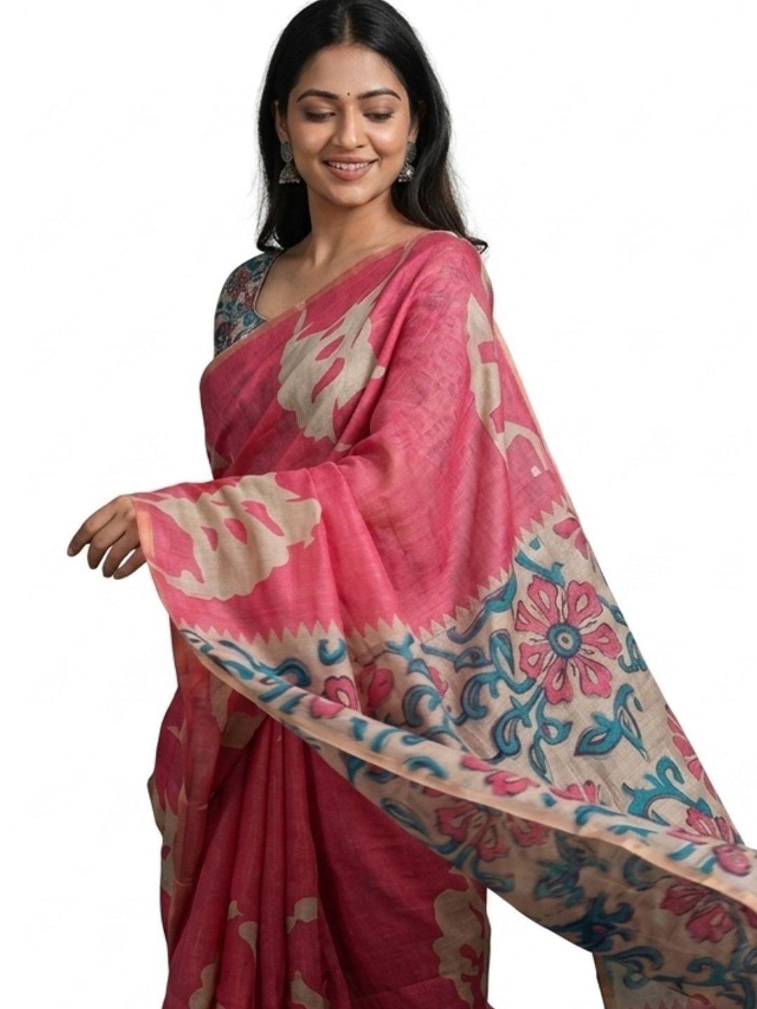 Elegant Pink Abstract Print Linen Saree with Floral Blouse - Image 5