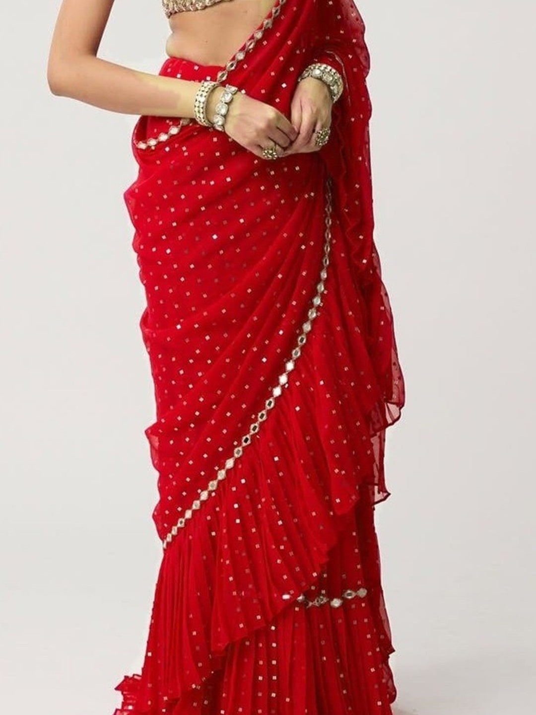 Red Georgette Bollywood Saree with Mirror Work and Ruffled Details - Image 4