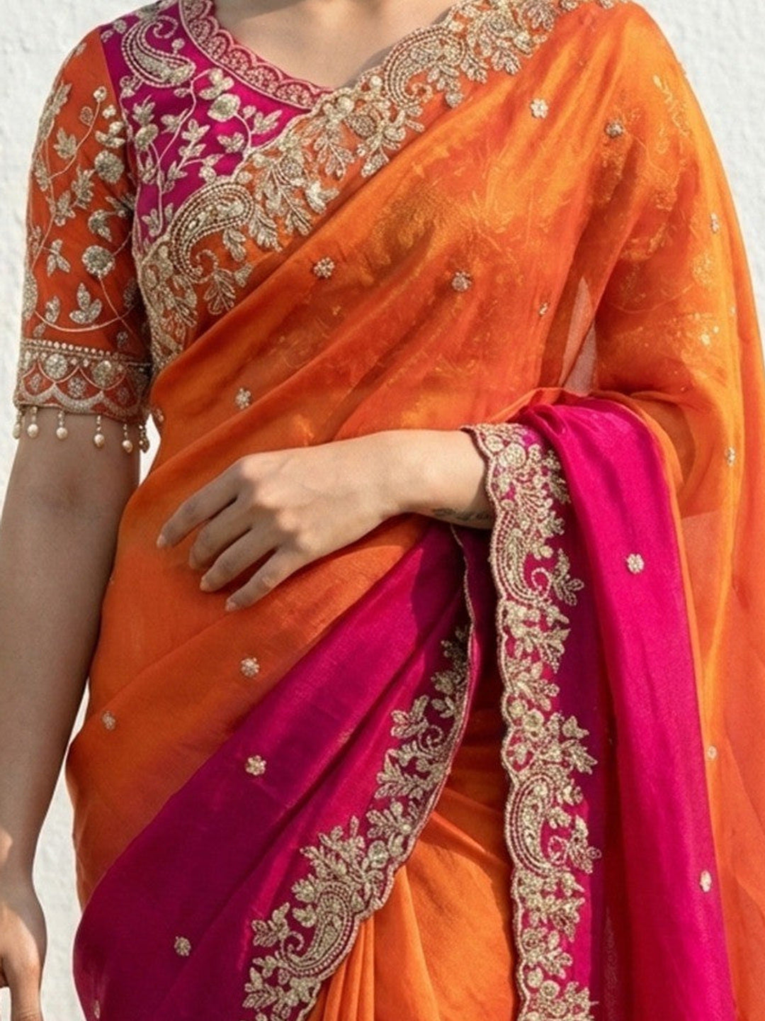Orange & Pink Floral Organza Satin Silk Saree With Sequins Embroidery And Pearl Accent Pallu - Image 6
