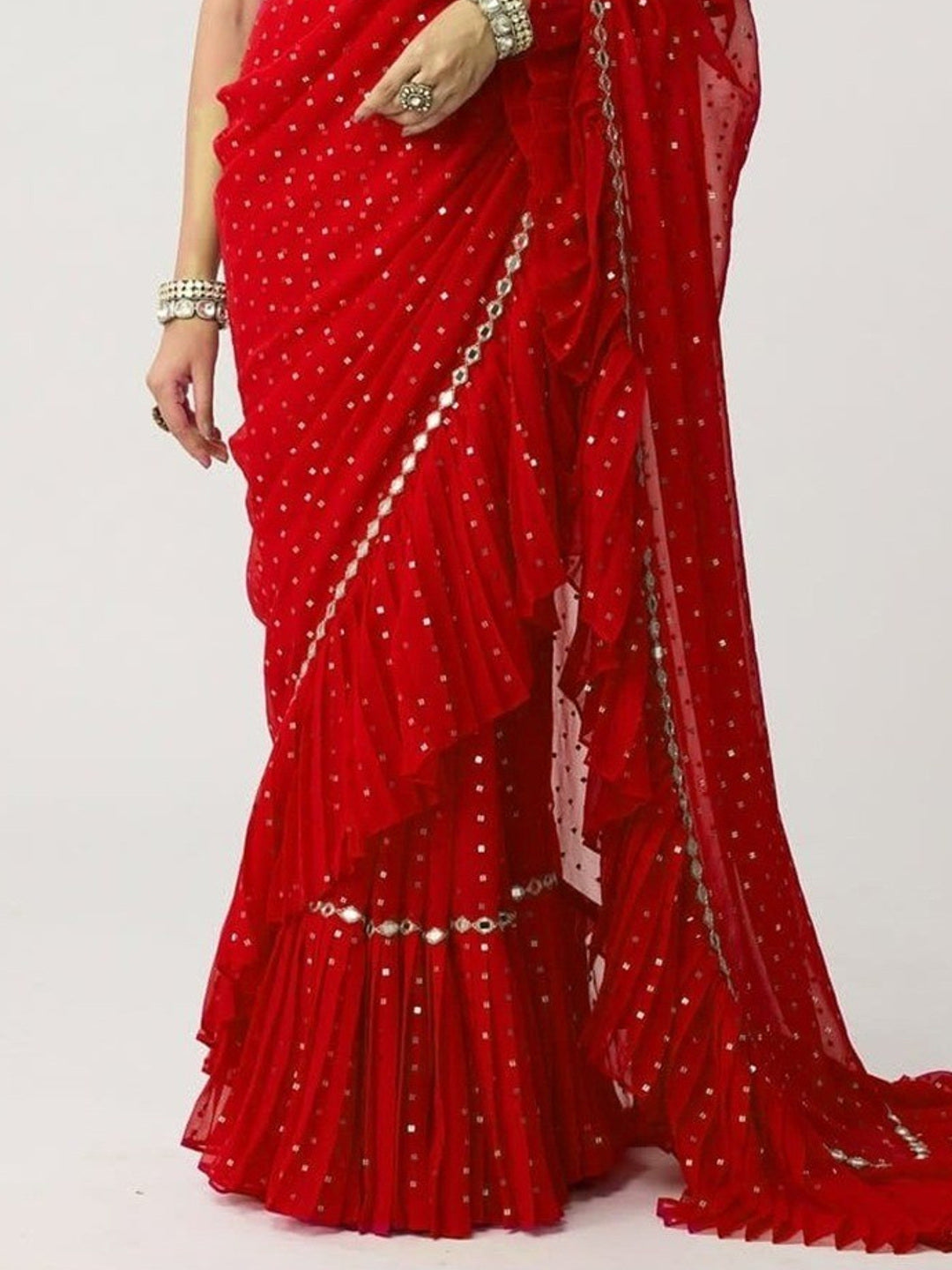 Red Georgette Bollywood Saree with Mirror Work and Ruffled Details - Image 5