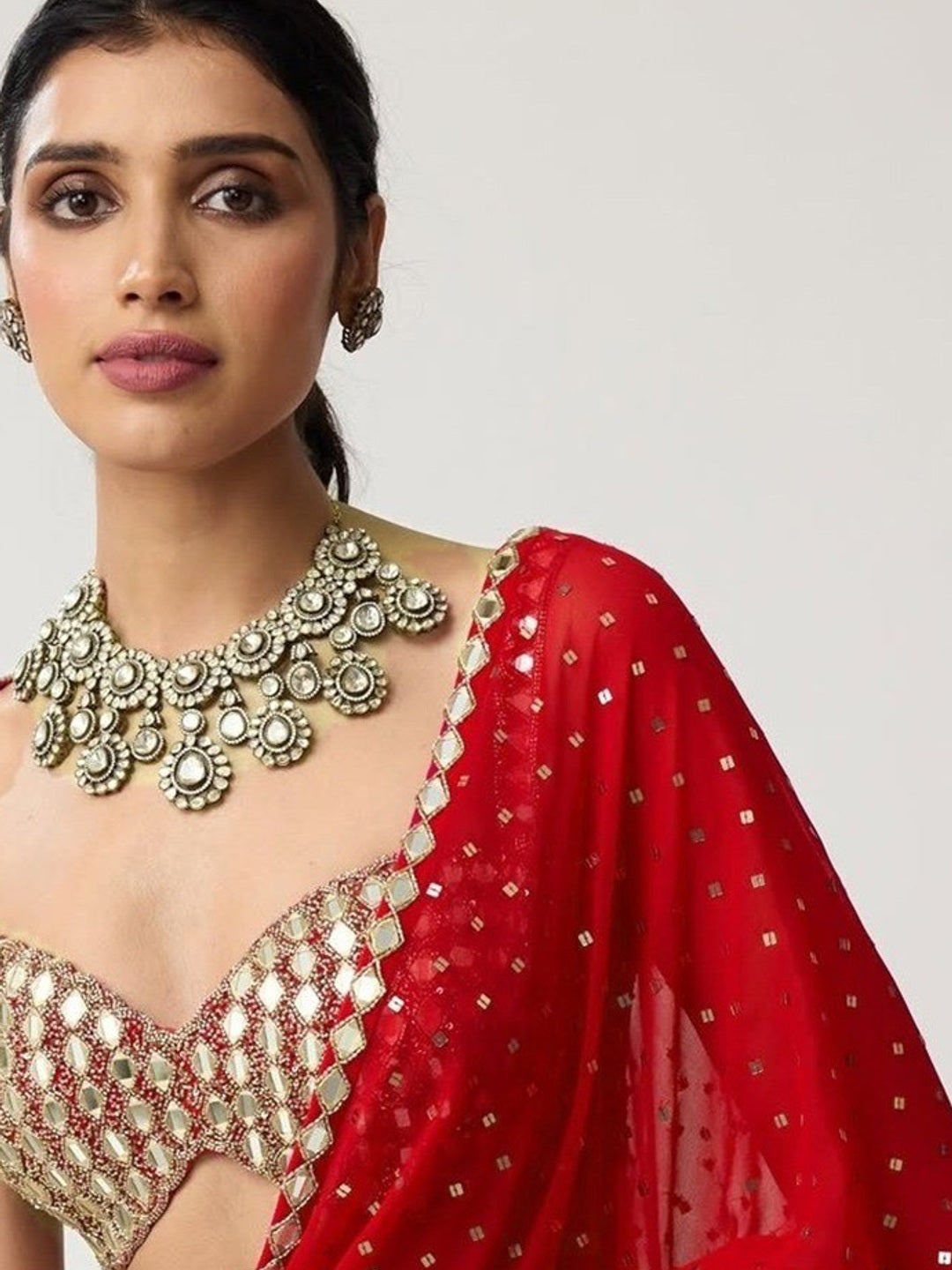 Red Georgette Bollywood Saree with Mirror Work and Ruffled Details - Image 6