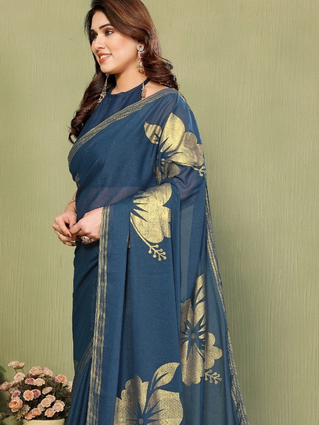 Elegant Morpich Blue Georgette Saree Adorned With Floral Foil Print & Rich Zari Border With Tassel Pallu - Image 6