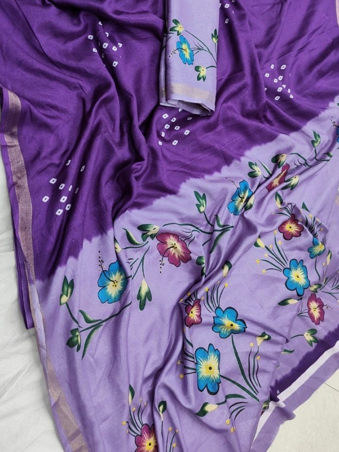 Elegant Purple Mulmul Cotton Saree with Bandhani and Floral Print - Image 1