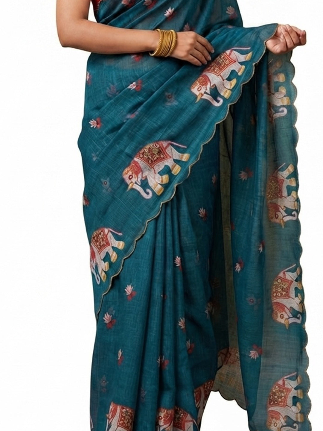 Stylish Teal Linen Saree with Multicolor Printed Motifs Minimal Elegant Look - Image 2