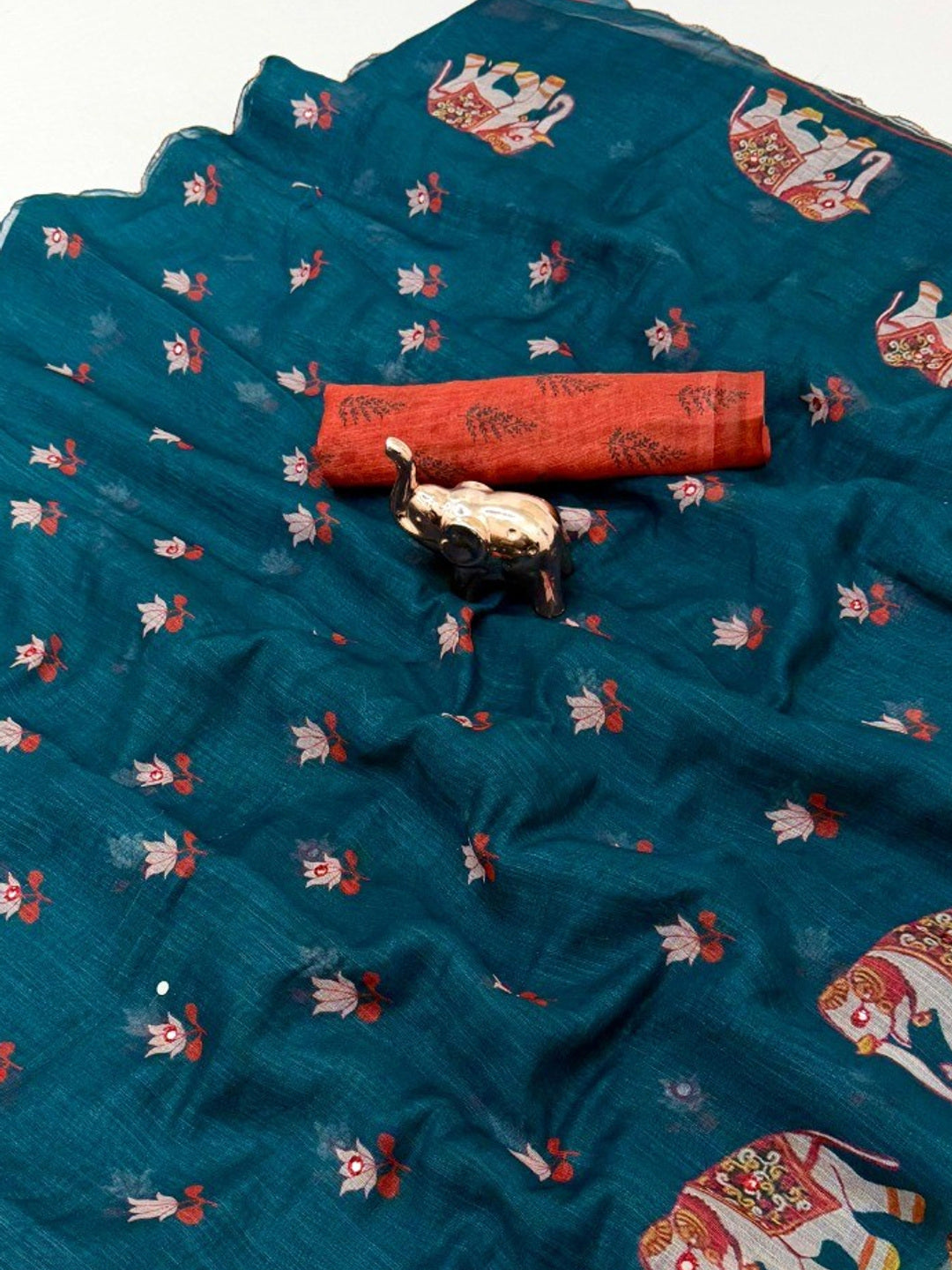 Stylish Teal Linen Saree with Multicolor Printed Motifs Minimal Elegant Look - Image 1